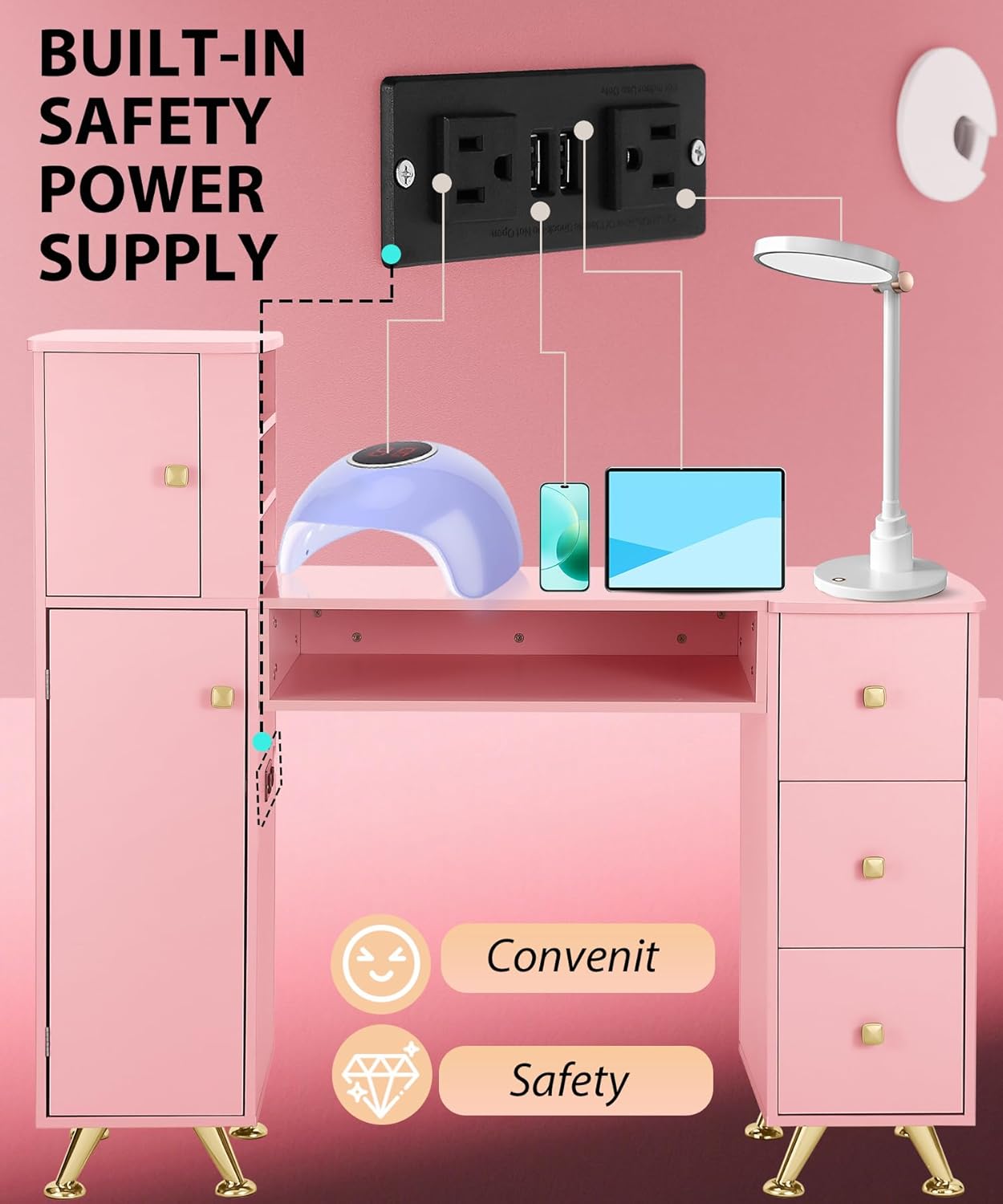 Pink Nail Table for Nail Tech, - Beauty Makeup Table ulasan dan harga
