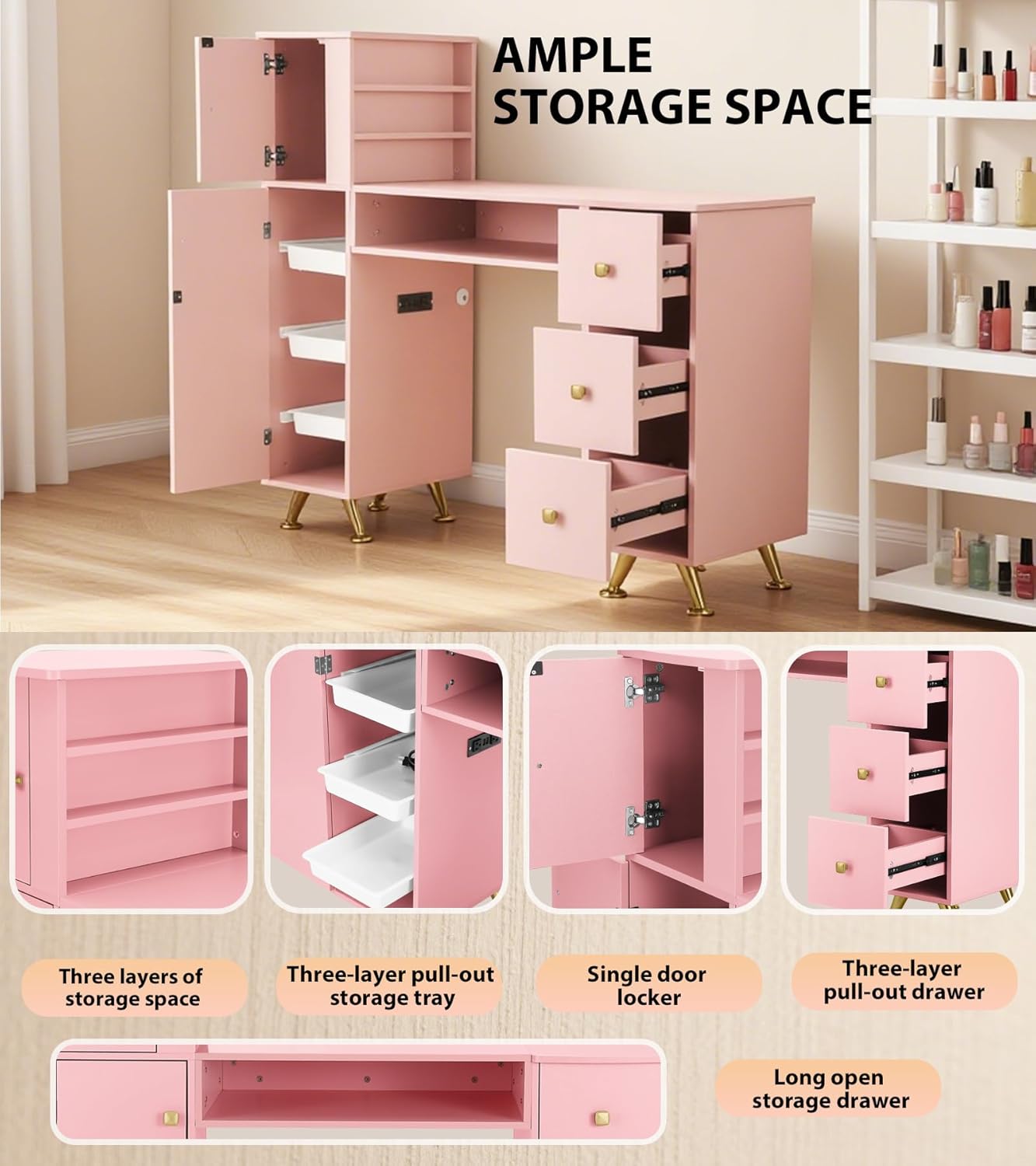 Pink Nail Table for Nail Tech, - Beauty Makeup Table ulasan dan harga