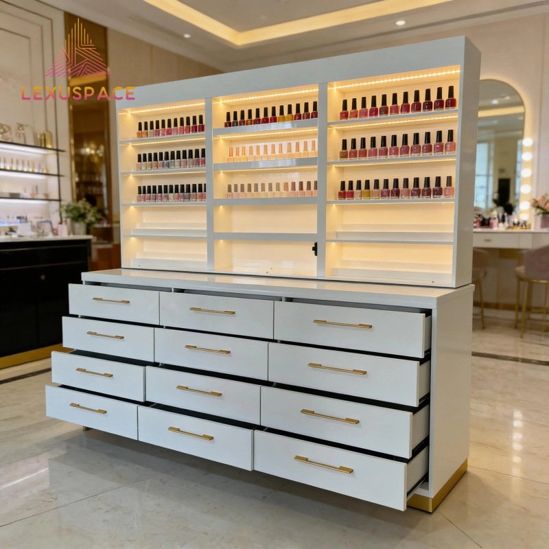 custom.Wood Shelf Display Rack - Beauty Makeup Store ulasan dan harga